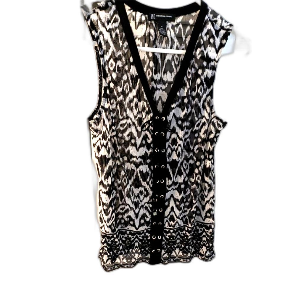 INC International Concepts Top Women's sz M Lace-up Black White Mesh Abstract